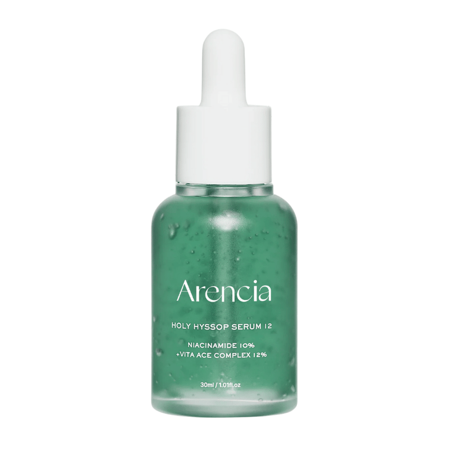 Arencia Holy Hyssop Serum 12 en botella de vidrio verde con pipeta, suero facial con niacinamida 10 % y complejo de vitaminas ACE 12 %.