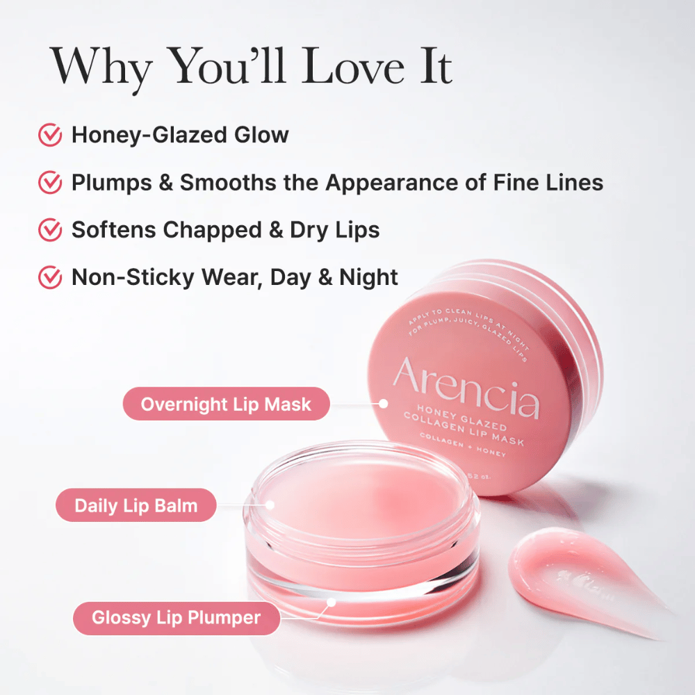 Imagen del producto con el frasco abierto y el aplicador que resalta beneficios como brillo glaseado de miel, labios más suaves y una aplicación agradable tanto de día como de noche.