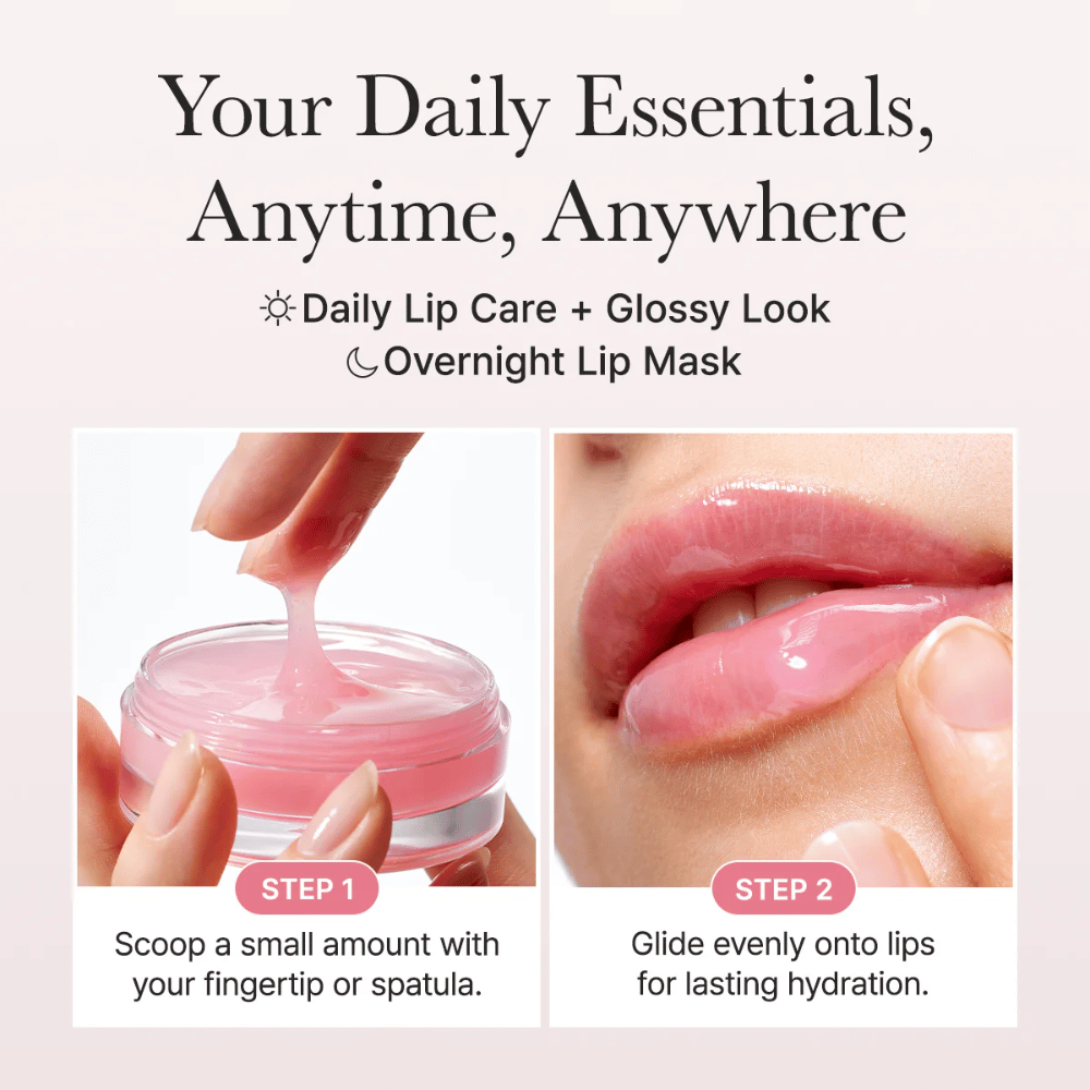 Imagen instructiva que muestra cómo se usa la mascarilla labial de día y de noche. Primero se aplica una pequeña cantidad con el dedo o una espátula, luego se distribuye el producto de manera uniforme sobre los labios para una hidratación y brillo duraderos.