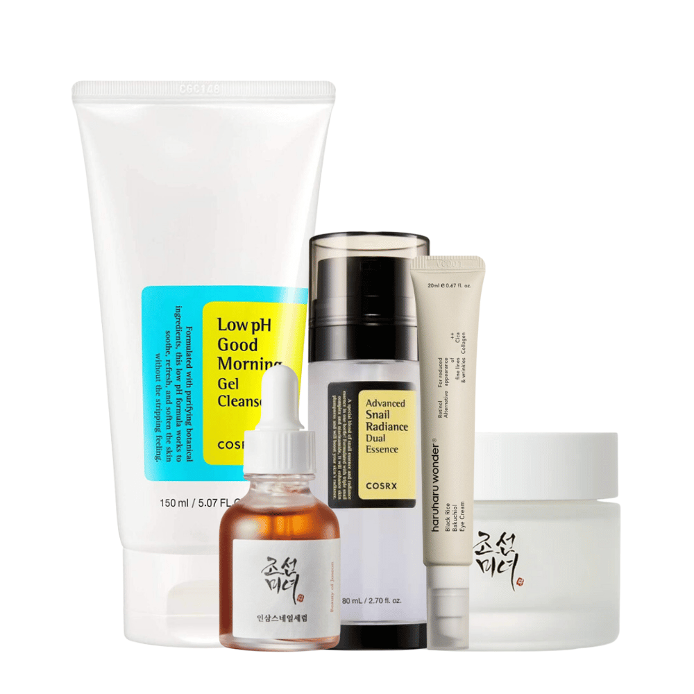 Una selección de K-Beauty Mature Skin Time Revers Kit para signos de envejecimiento sobre fondo blanco.
