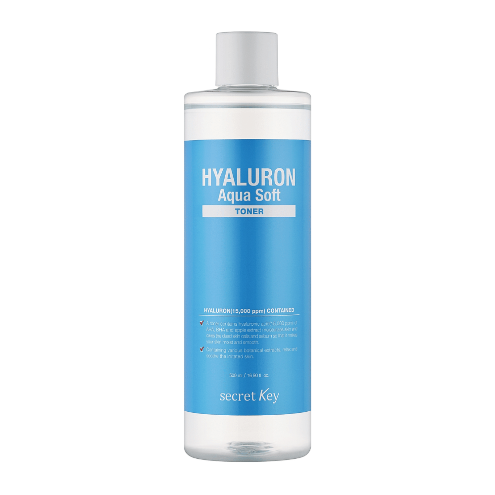 Secret Key Hyaluron Aqua Soft Toner – tónico hidratante con ácido hialurónico que proporciona una piel suave, lisa y refrescada con un brillo natural.