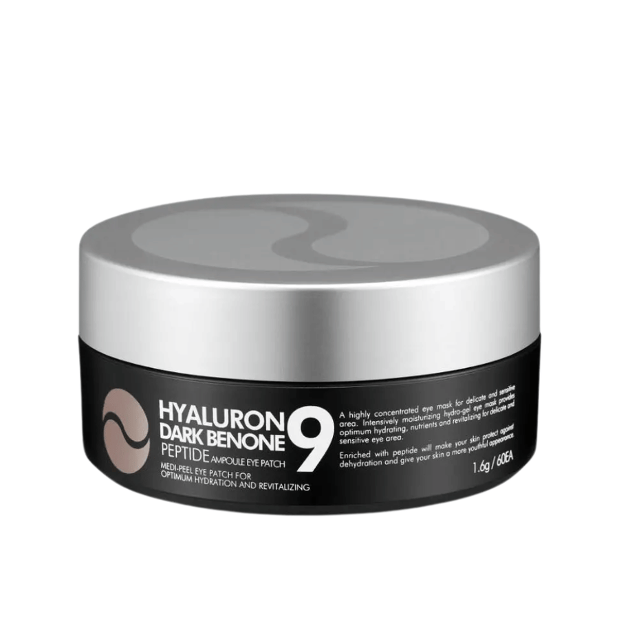 Hyaluron Dark Benone Peptide 9 Ampoule Eye Patch – máscara de ojos coreana en tarro con péptidos y ácido hialurónico para el cuidado intensivo de la piel seca y cansada alrededor de los ojos.