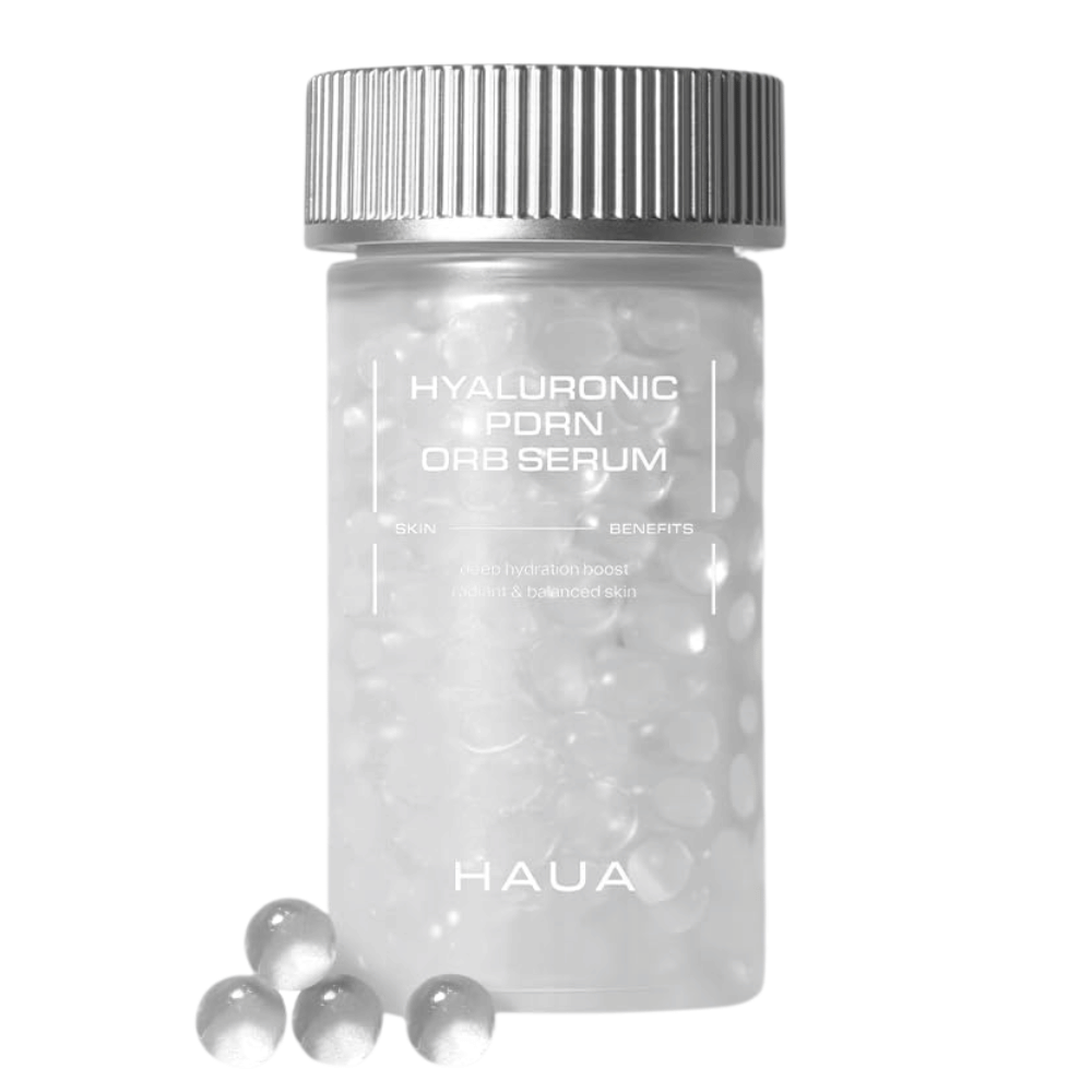 Imagen del producto de HAUA Hyaluronic PDRN Orb Serum sobre fondo blanco. El recipiente transparente está lleno de esferas de sérum y resalta la formulación encapsulada única del producto.