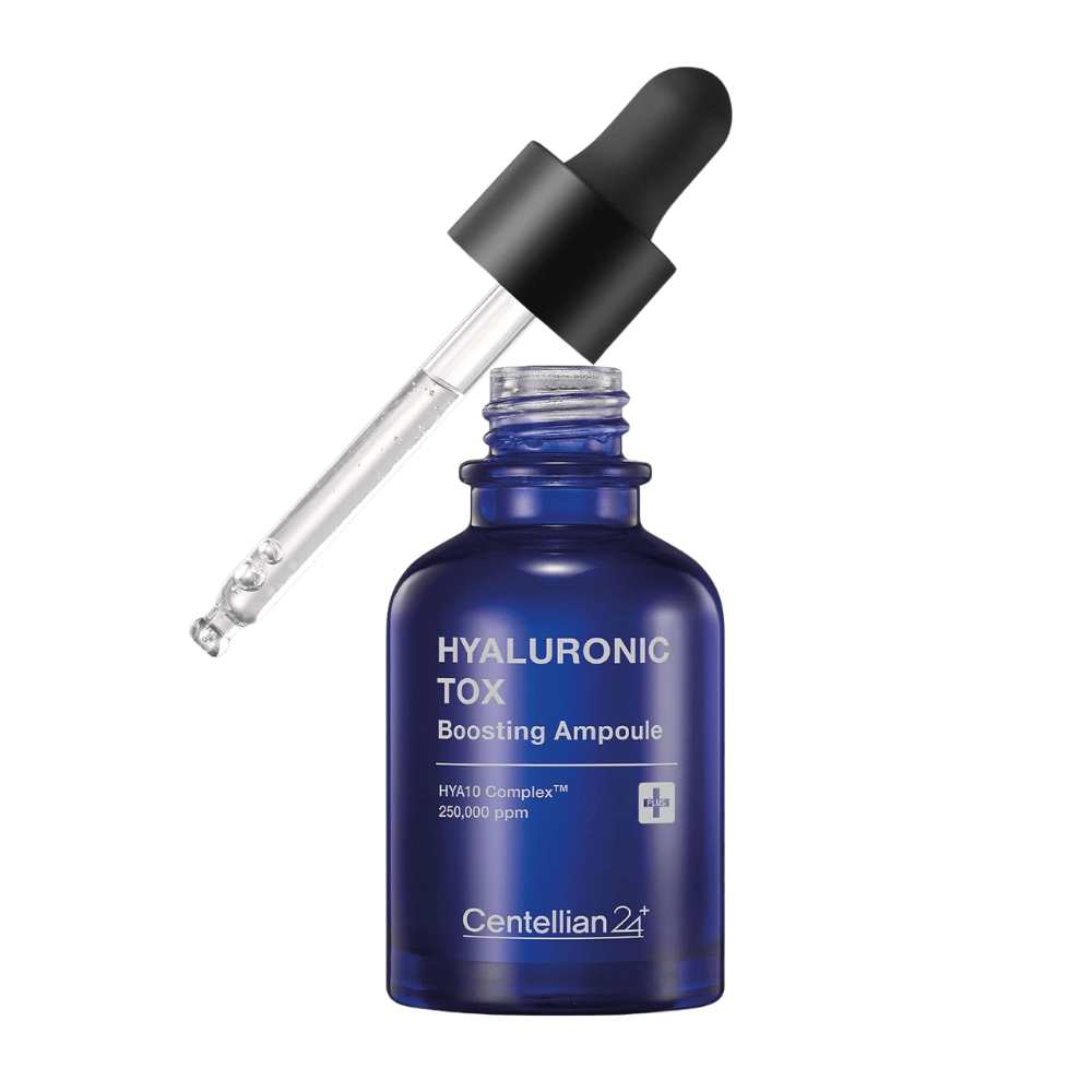 5. Centellian24 Hyaluronic Tox Boosting Ampoule – botella de vidrio azul con sérum facial hidratante y cuentagotas