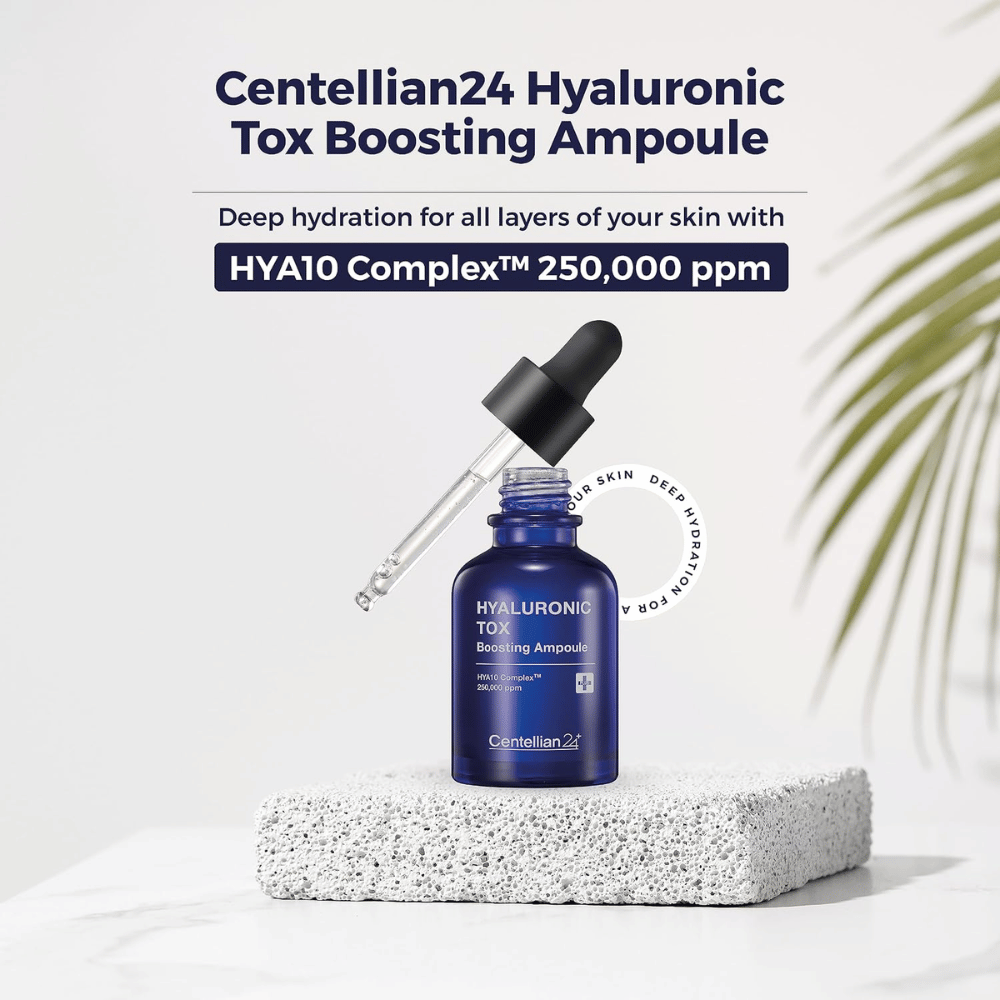 4. Centellian24 Hyaluronic Tox Boosting Ampoule – botella azul de sérum con cuentagotas y complejo HYΛ10