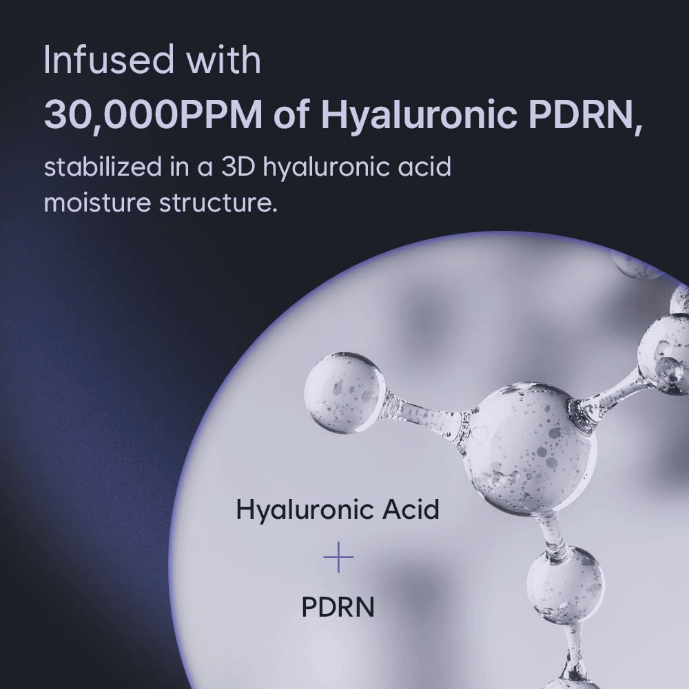 Ilustración gráfica de ácido hialurónico y PDRN en una estructura de hidratación tridimensional. La imagen destaca la alta concentración de Hyaluronic PDRN del producto y su tecnología hidratante.