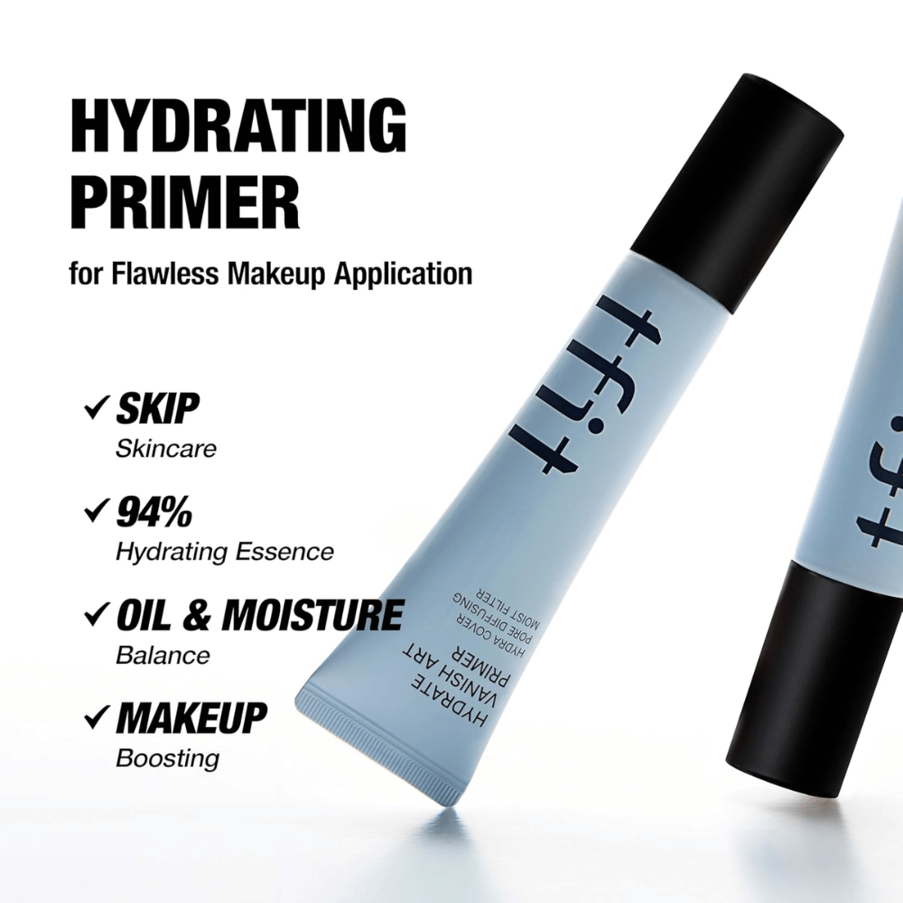 TFIT Hydrate Vanish Art Primer se muestra con texto informativo sobre los beneficios del producto, incluyendo 94% de esencia hidratante y equilibrio de aceite – desarrollado para una base de maquillaje más uniforme.