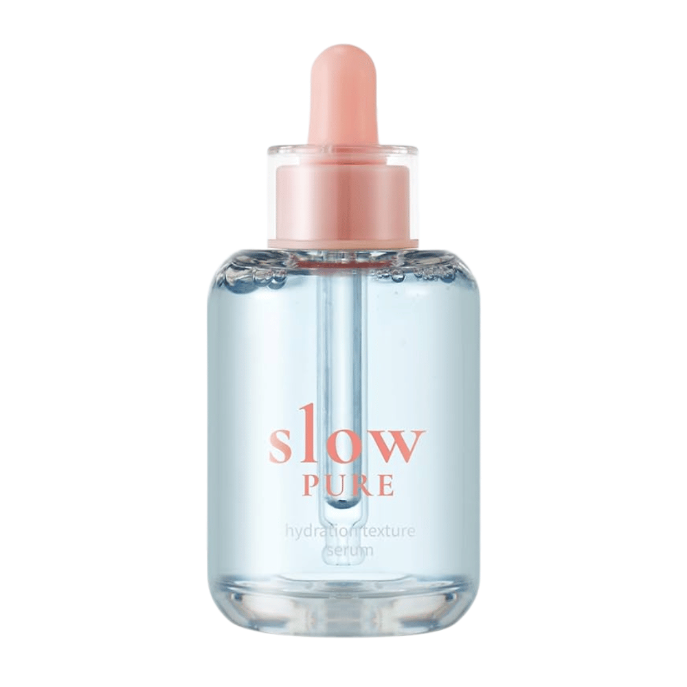 Slow Pure Hydration Texture Serum en botella de vidrio transparente con pipeta, lleno de suero azul hidratante.