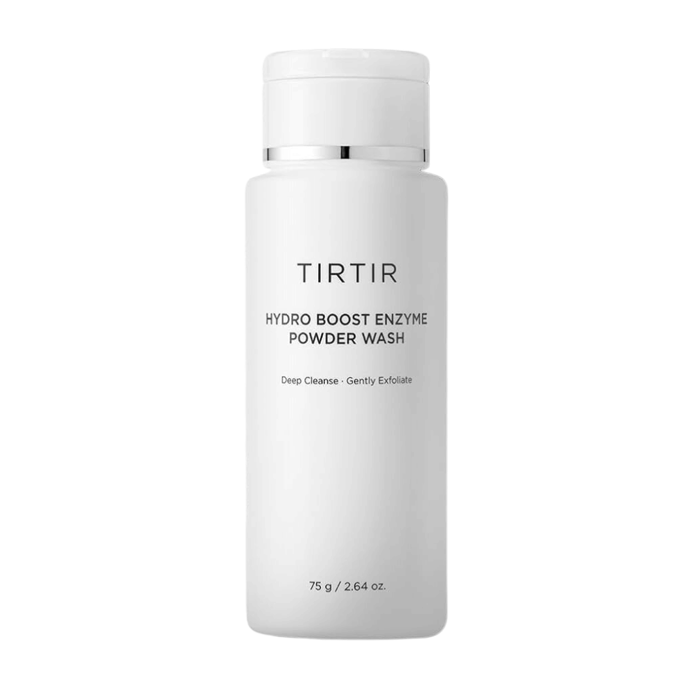 Una botella blanca y lisa de TIRTIR Hydro Boost Enzyme Powder Wash. El texto en la botella describe el producto como un limpiador facial profundo y suave exfoliante. El tamaño se indica como 75 g / 2.64 oz.
