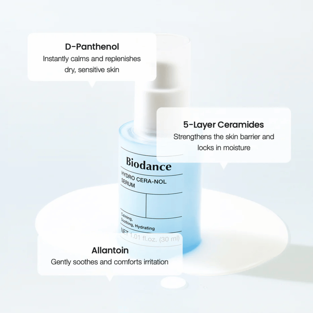 D-Pantenol – Calma e hidrata la piel sensible.
Ceramidas de 5 capas – Fortalecen la barrera cutánea y retienen la humedad.
Alantoína – Suaviza y reduce la irritación.