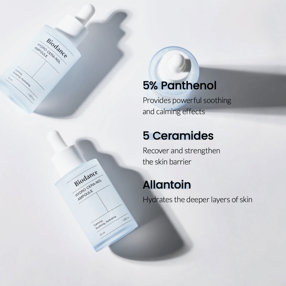 Biodance Hydro Cera-Nol Ampoule – Hidratación intensiva y fortalecimiento de la barrera cutánea.

💙 5% Pantenol – Calma y reduce la irritación de la piel.
🛡️ 5 Ceramidas – Reconstruye y fortalece la barrera protectora de la piel.
💧 Alantoína – Hidratante profundo para una piel más suave.

¡Perfecto para pieles sensibles y secas que necesitan cuidado extra!