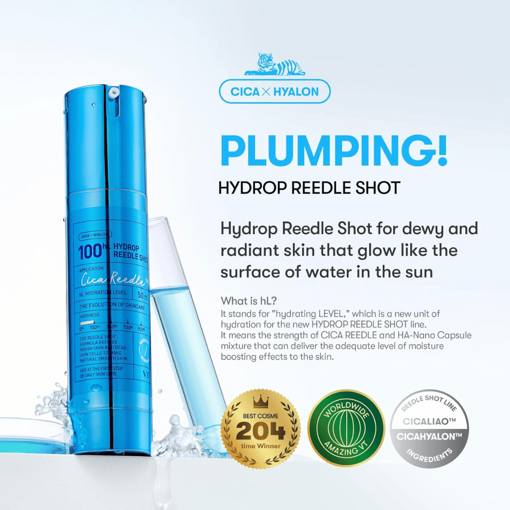 Botella azul VT Cica Hyalon Hydrop Reedle Shot 100hL con pipeta transparente, texto sobre efecto hidratante y luminosidad de la piel, así como tres emblemas que destacan los premios e ingredientes del producto.