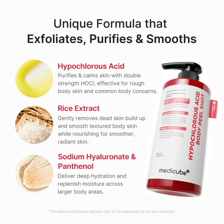 Imagen de ingredientes de Medicube Hypochlorous Acid Body Peel Shot que destaca el ácido hipocloroso, extracto de arroz, sodium hyaluronate y pantenol para exfoliación e hidratación.