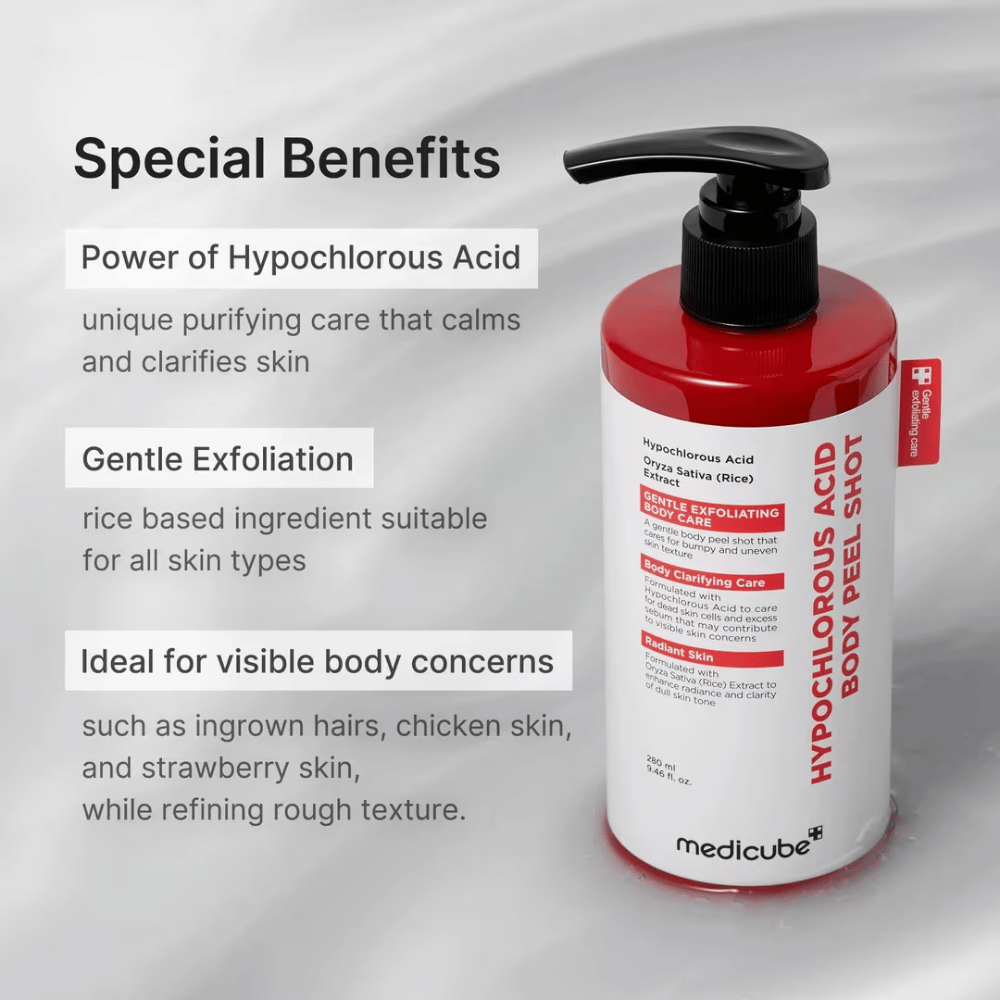 Imagen informativa de Medicube Hypochlorous Acid Body Peel Shot con enfoque en el ácido hipocloroso, la exfoliación suave y el cuidado de la piel corporal con asperezas y textura desigual.