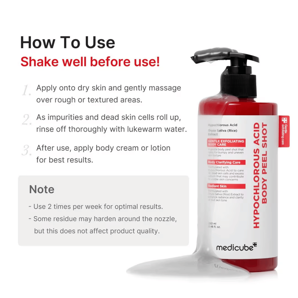 Imagen de instrucciones de Medicube Hypochlorous Acid Body Peel Shot que muestra cómo se usa el peeling corporal paso a paso para exfoliar y lograr una piel más suave.