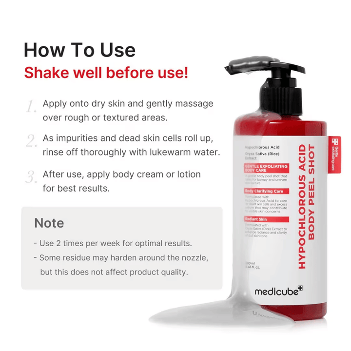 Imagen de instrucciones de Medicube Hypochlorous Acid Body Peel Shot que muestra cómo se usa el peeling corporal paso a paso para exfoliar y lograr una piel más suave.