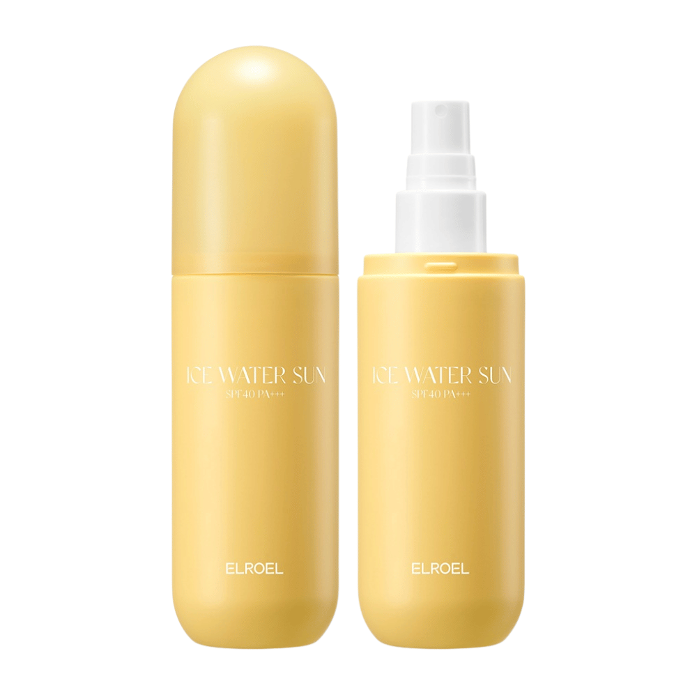 ELROEL Ice Water Sun Mist SPF 40 PA+++ imagen del producto con la botella cerrada y abierta que muestra un diseño práctico para una fácil aplicación del protector solar en spray
