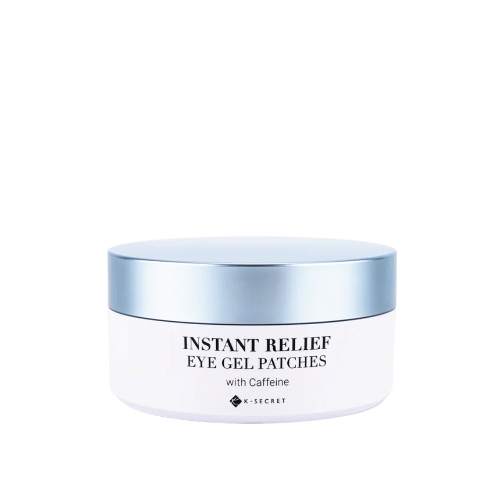 Lata con K-Secret Instant Relief Eye Gel Patches con cafeína y tapa azul.