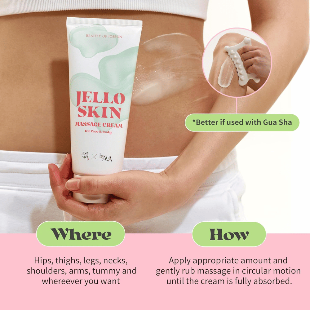 Beauty of Joseon Jello Skin Massage Cream se utiliza en el abdomen y el cuerpo para un masaje hidratante con un deslizamiento suave y agradable.