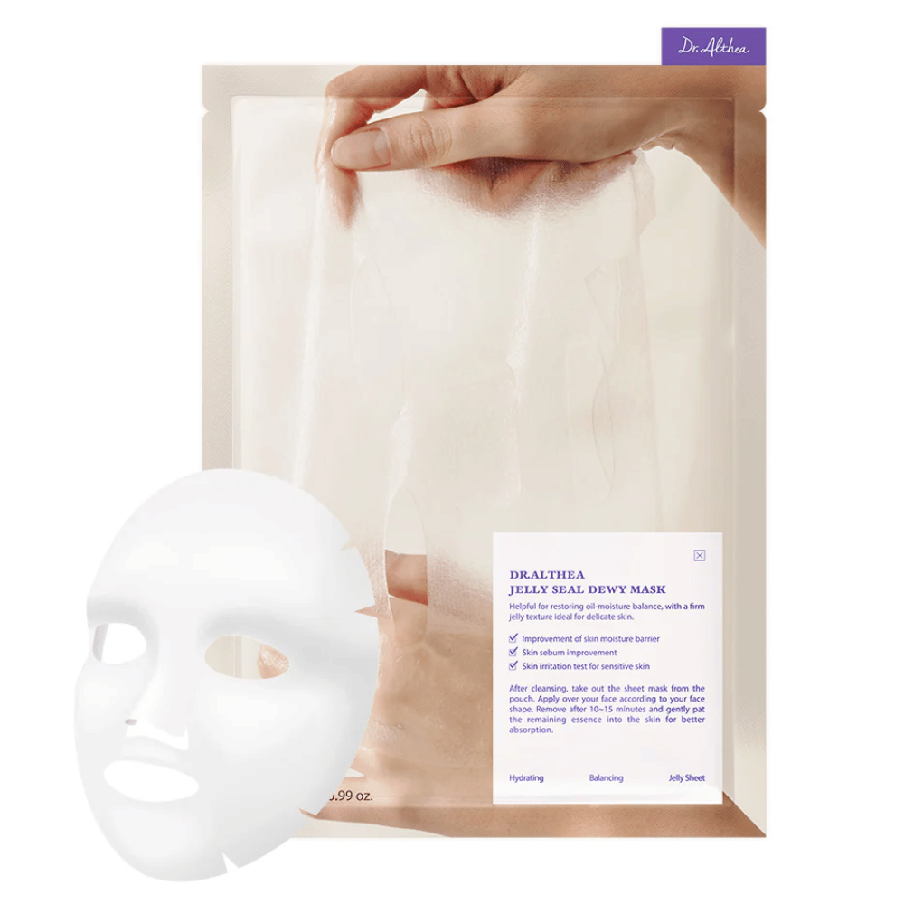 Dr.Althea Jelly Seal Dewy Mask – una mascarilla hidratante en hoja con textura similar a gel que fortalece la barrera de humedad de la piel, equilibra la producción de sebo y calma la piel sensible.