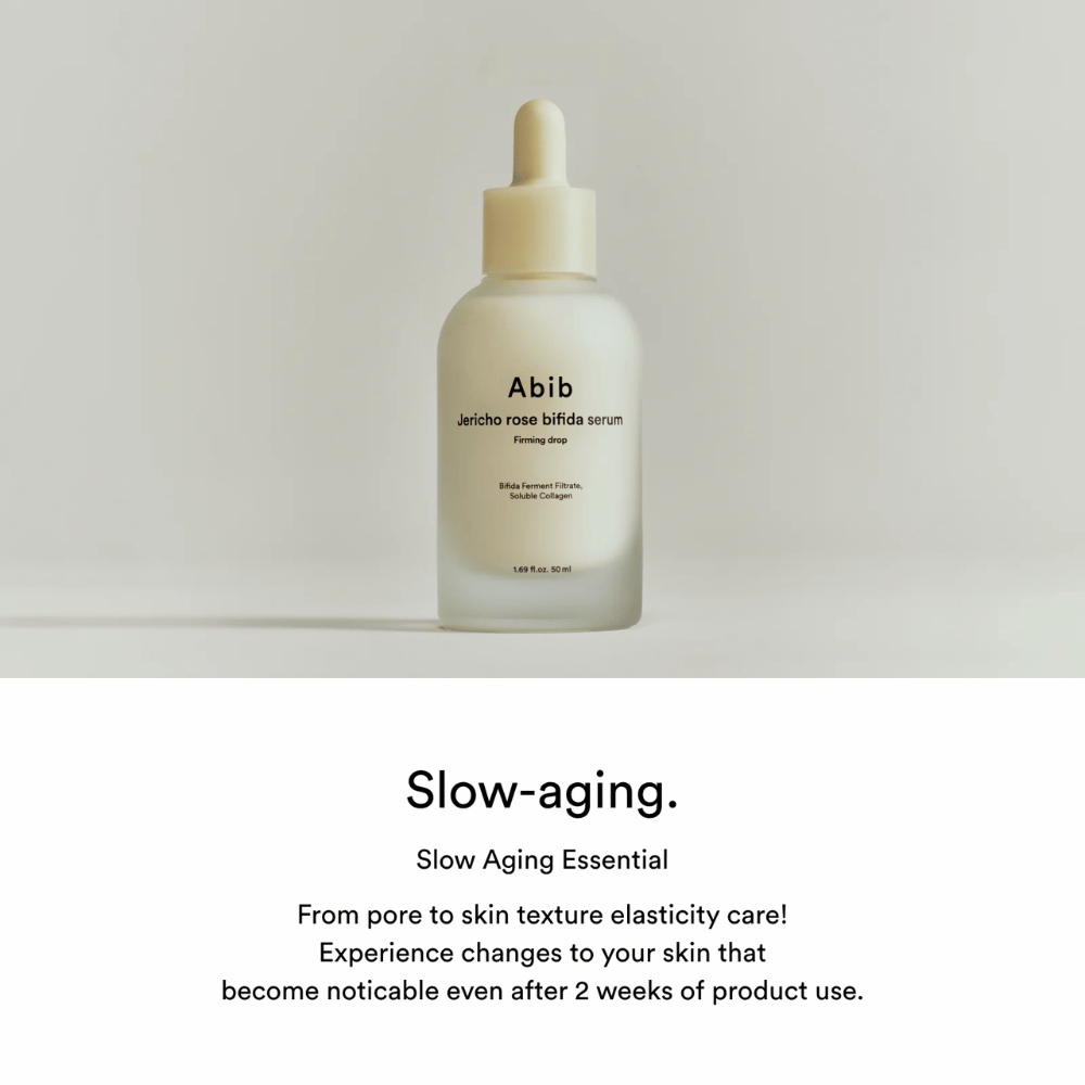 Imagen minimalista del producto Abib Jericho Rose Bifida Serum Firming Drop con enfoque en el slow-aging y la elasticidad de la piel.