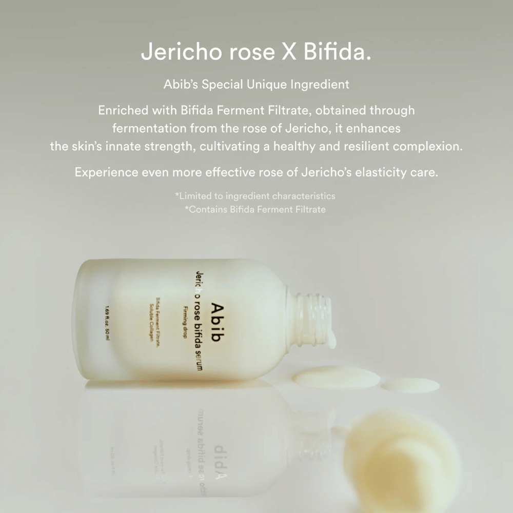 Imagen informativa que destaca la combinación de Rosa de Jericó y Bifida Ferment Filtrate para una piel más fuerte y elástica.