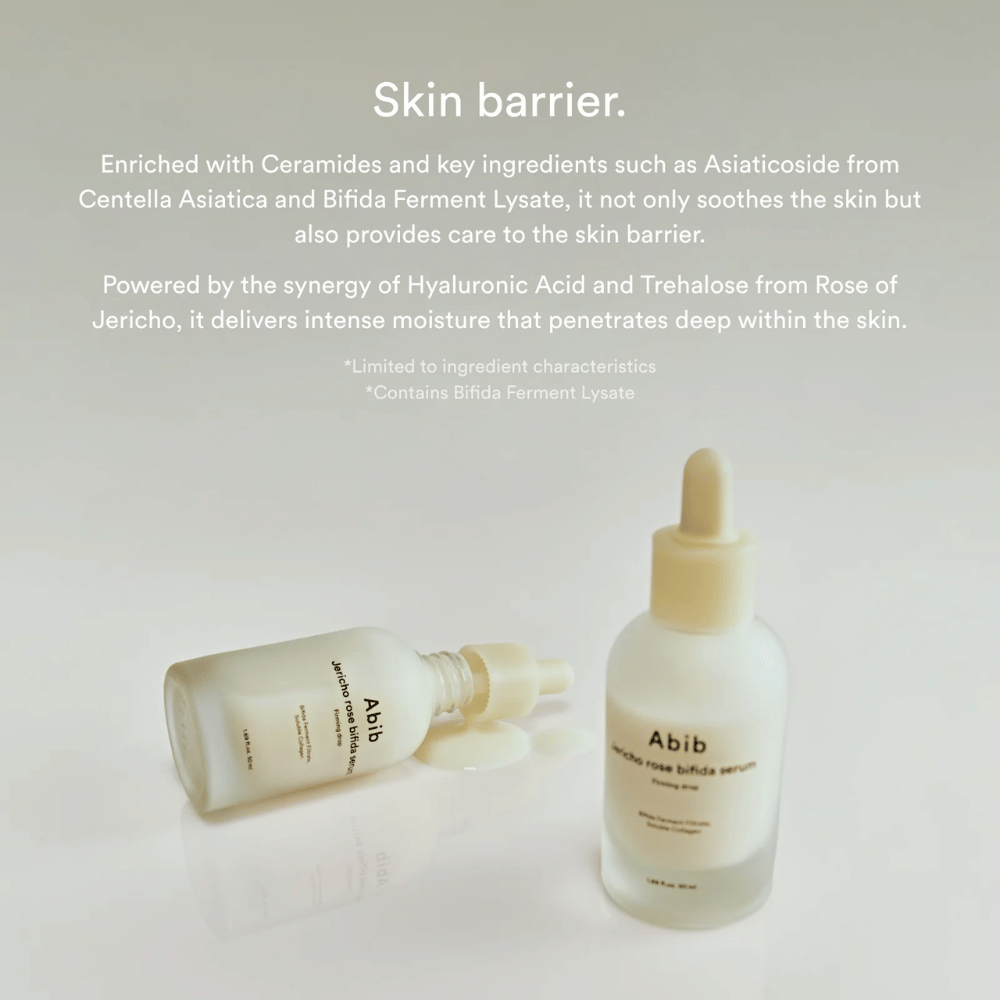 Imagen del producto Abib Jericho Rose Bifida Serum junto con información sobre la barrera cutánea, las ceramidas y la hidratación intensiva.
