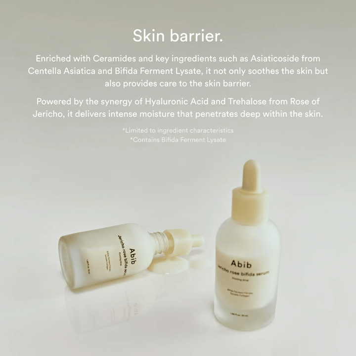 Imagen del producto Abib Jericho Rose Bifida Serum junto con información sobre la barrera cutánea, las ceramidas y la hidratación intensiva.
