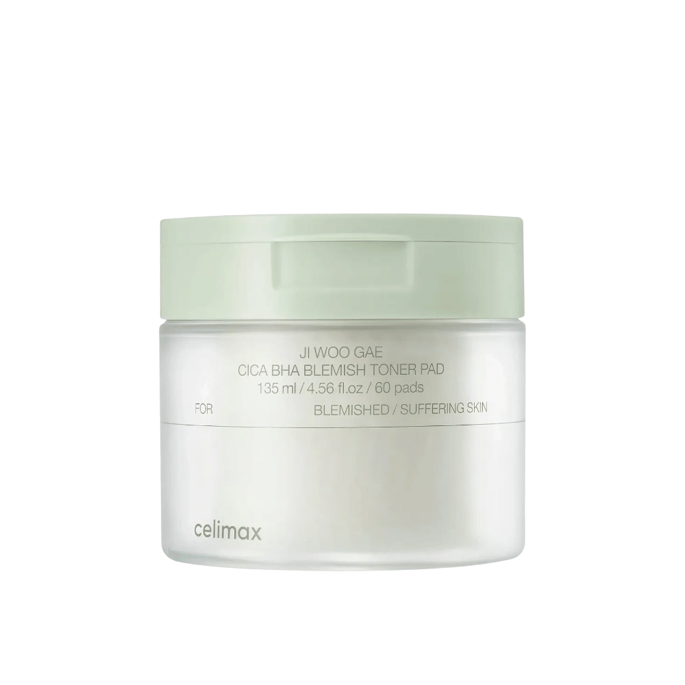 Imagen del producto de Celimax Ji Woo Gae Cica BHA Blemish Toner Pad 135 ml con 60 almohadillas para piel sensible y propensa al acné.