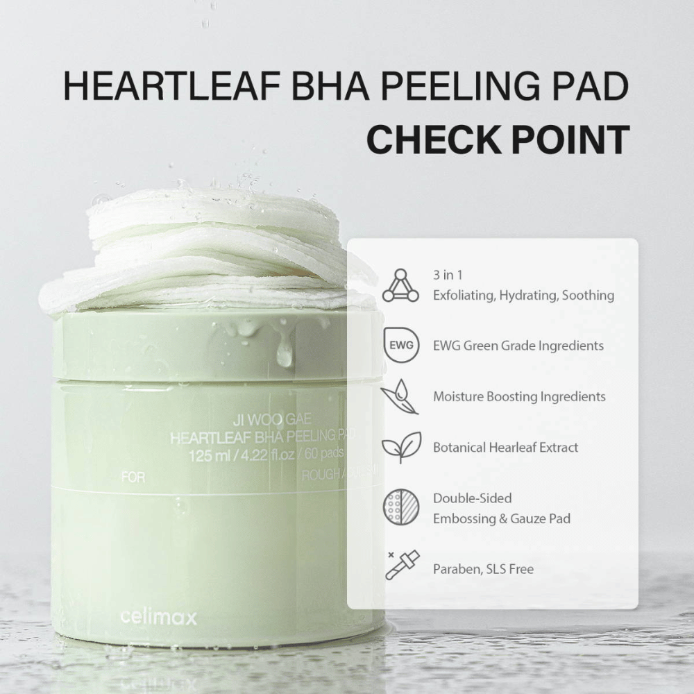 Celimax Ji Woo Gae Heartleaf BHA Peeling Pad es un producto multifuncional que exfolia, hidrata y calma la piel. Con una clasificación verde de EWG, contiene ingredientes hidratantes y extracto de hoja de corazón botánico.