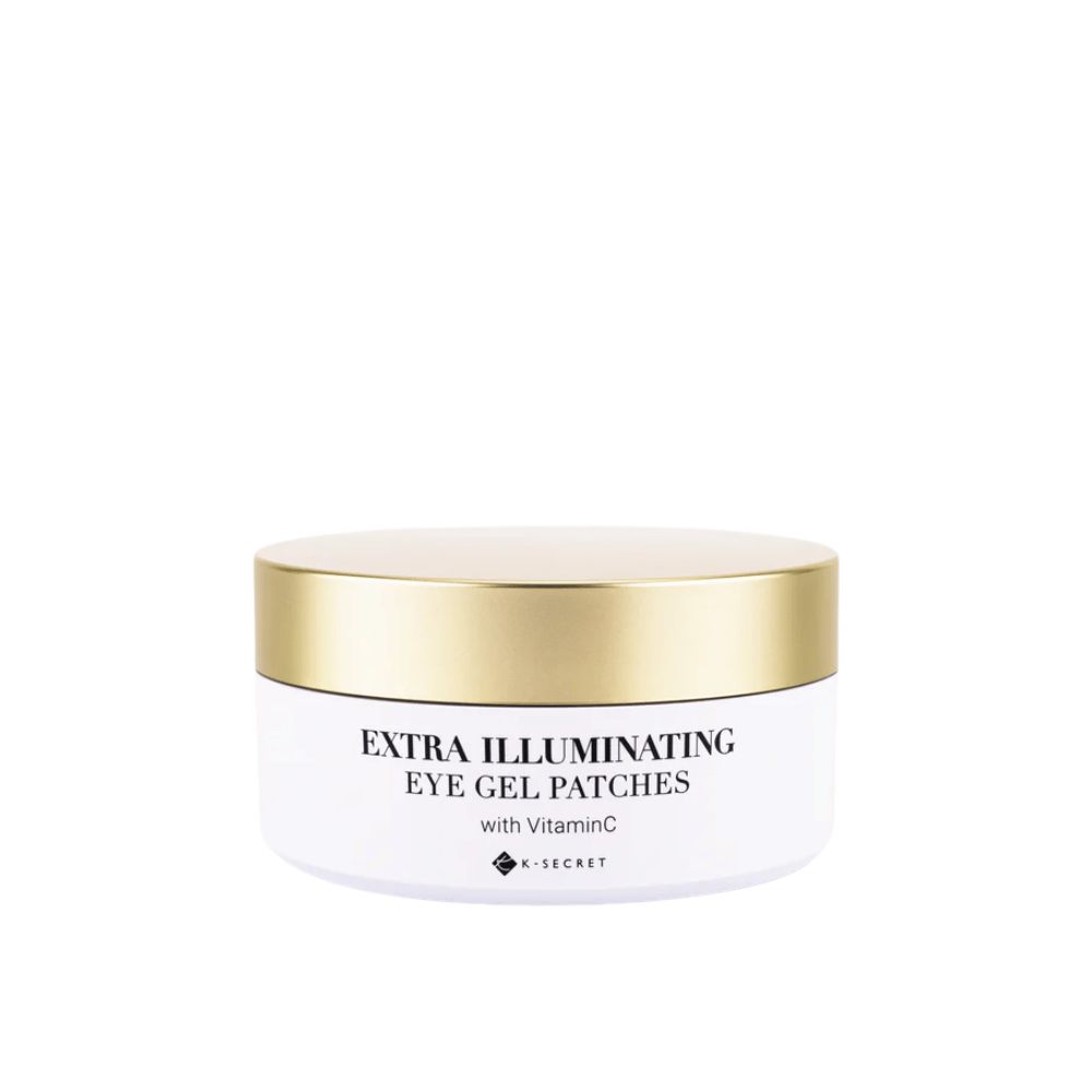 Tarro con K-Secret parches de gel para ojos extra iluminadores con vitamina C y tapa dorada.