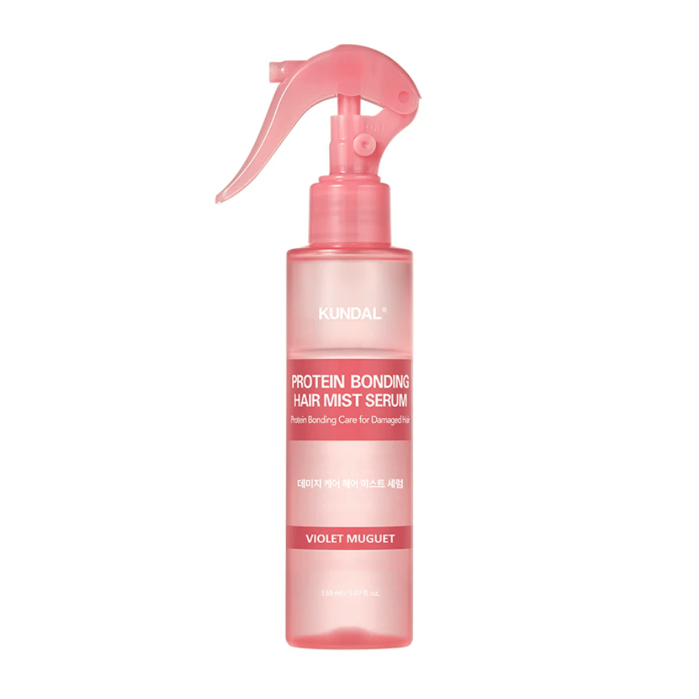 KUNDAL Protein Bonding Hair Mist Serum Violet Muguet en botella de spray rosa, 150 ml, para cabello dañado con efecto fortalecedor y reparador.