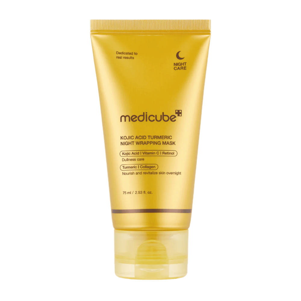 Medicube Kojic Acid Turmeric Night Wrapping Mask 75 ml en envase dorado con ácido kójico, cúrcuma, vitamina C y colágeno para el cuidado nocturno de la luminosidad.