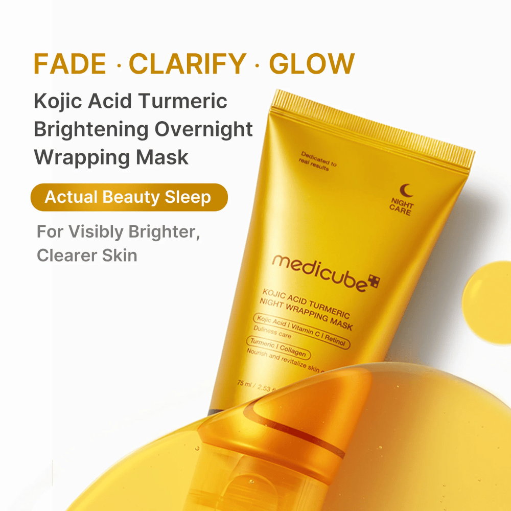 Medicube Kojic Acid Turmeric Night Wrapping Mask en tubo dorado para el cuidado nocturno de la piel que ayuda a lograr una piel más clara, uniforme y radiante.