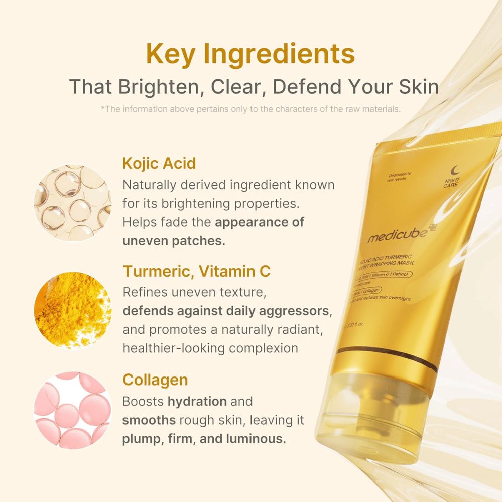 Medicube Kojic Acid Turmeric Night Wrapping Mask con ácido kójico, cúrcuma, vitamina C y colágeno para luminosidad, hidratación y un tono de piel más uniforme.
