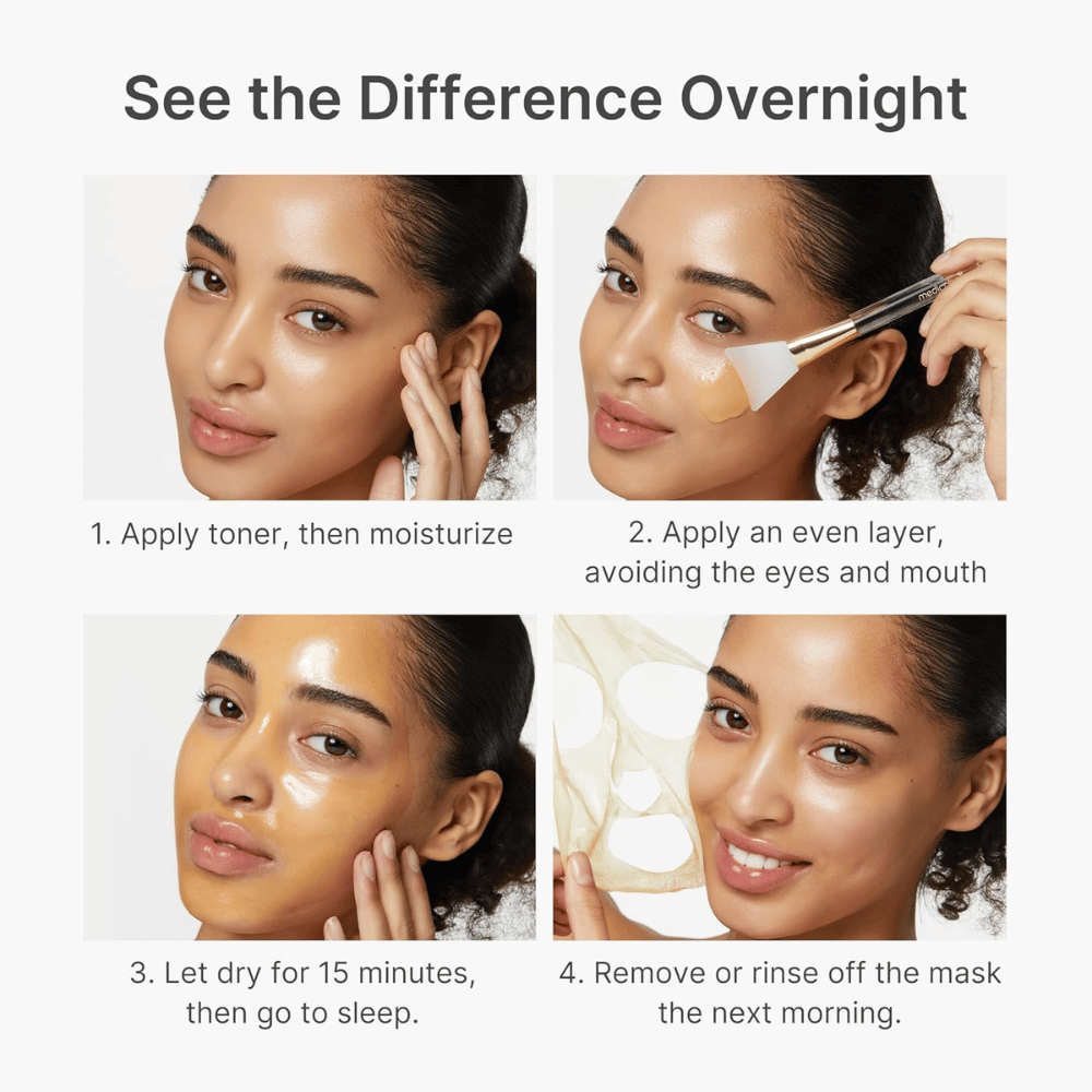 Medicube Kojic Acid Turmeric Night Wrapping Mask se aplica como mascarilla nocturna en cuatro pasos para una piel más clara, uniforme y radiante durante la noche.