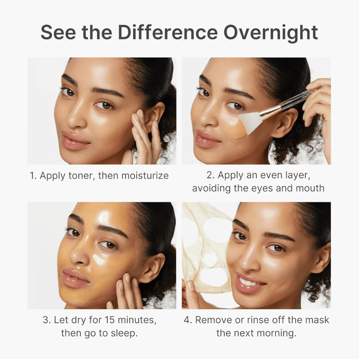 Medicube Kojic Acid Turmeric Night Wrapping Mask se aplica como mascarilla nocturna en cuatro pasos para una piel más clara, uniforme y radiante durante la noche.