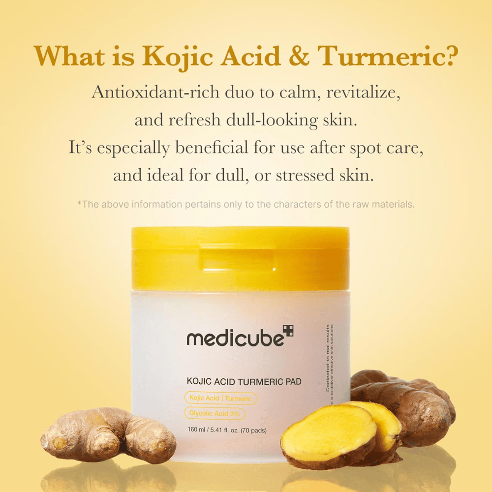 Imagen informativa para Medicube Kojic Acid Turmeric Pad con enfoque en el ácido kójico y la cúrcuma como ingredientes ricos en antioxidantes para luminosidad, efecto calmante y piel renovada.