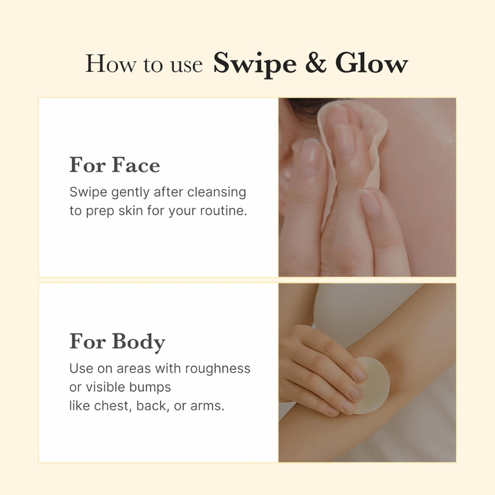 Imagen de uso para Medicube Kojic Acid Turmeric Pad que muestra cómo se usan los discos tanto en el rostro como en el cuerpo para exfoliar y preparar la piel después de la limpieza.