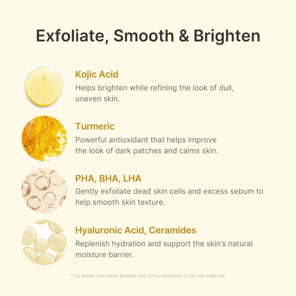 Medicube Kojic Acid Turmeric Peel Shot con ácido kójico, cúrcuma, PHA, BHA, LHA, ácido hialurónico y ceramidas.