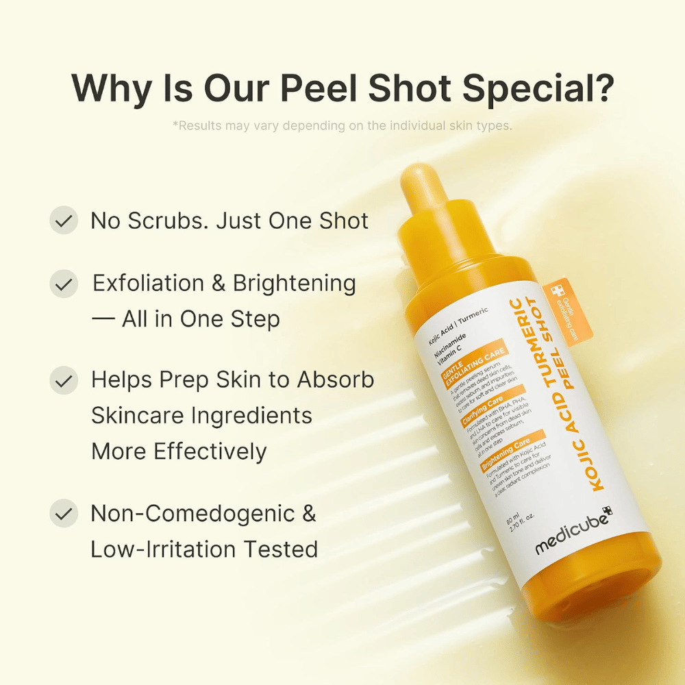 Medicube Kojic Acid Turmeric Peel Shot – exfoliante facial exfoliante con ácido kójico y cúrcuma para un tono de piel más uniforme, luminosidad y una piel más suave.