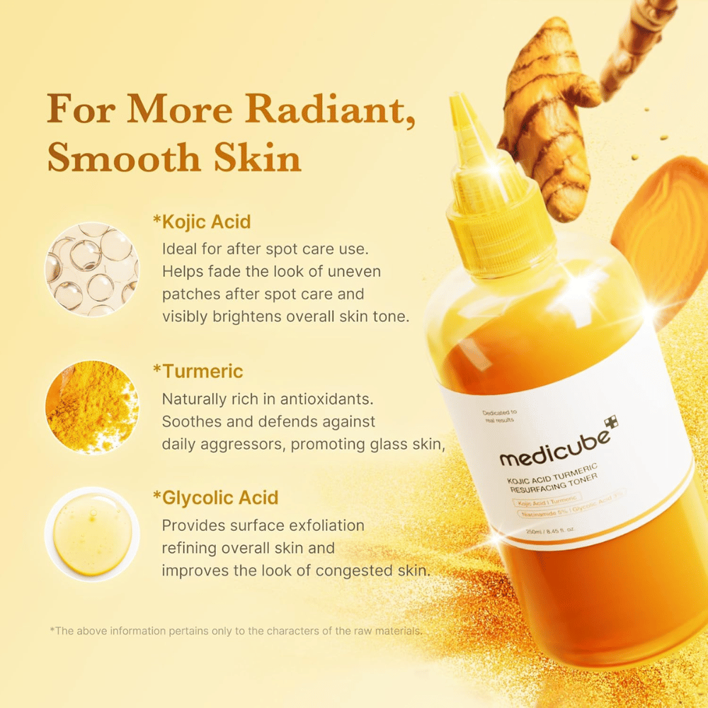 Imagen de ingredientes para Medicube Kojic Acid Turmeric Resurfacing Toner con enfoque en ácido kójico, cúrcuma y ácido glicólico para exfoliación, luminosidad y un tono de piel más uniforme.