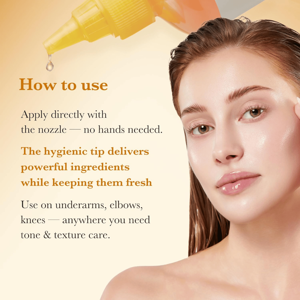 Imagen de uso para Medicube Kojic Acid Turmeric Resurfacing Toner que muestra una aplicación higiénica directamente con aplicador de punta para el cuidado del tono y la textura de la piel, por ejemplo en codos y rodillas.