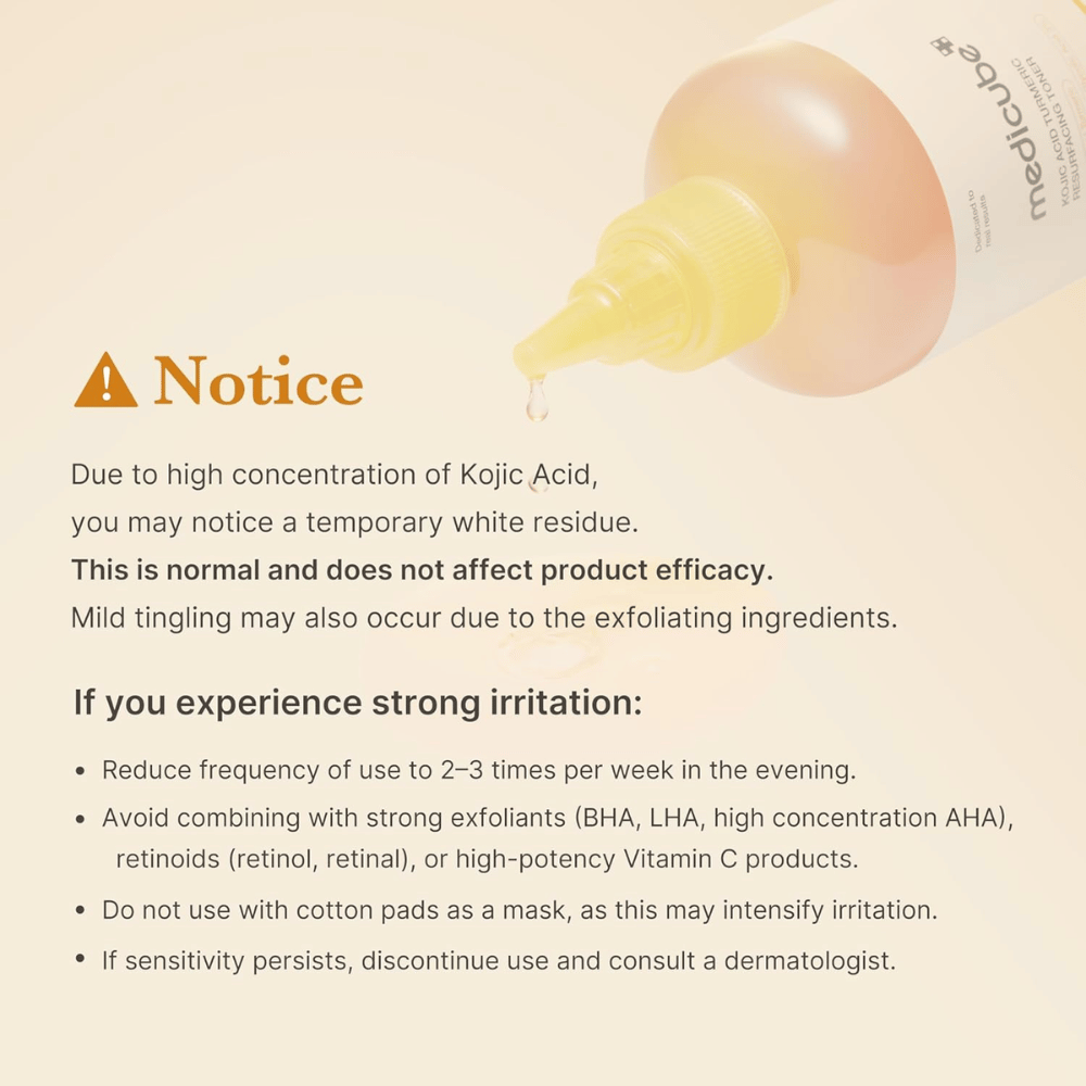 Imagen informativa para Medicube Kojic Acid Turmeric Resurfacing Toner con información importante de uso sobre el ácido kójico, la exfoliación y cómo puede reducirse la irritación en piel sensible.