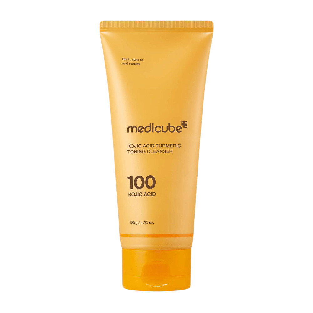Medicube Kojic Acid Turmeric Toning Cleanser 120 g, limpiador facial con ácido kójico y cúrcuma en un tubo amarillo sobre fondo blanco.