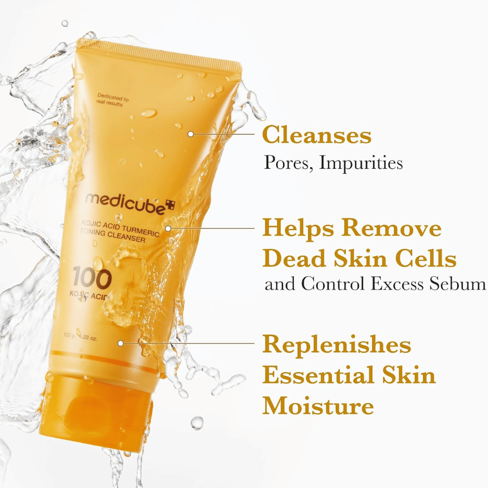 Medicube Kojic Acid Turmeric Toning Cleanser 120 g, limpiador facial que elimina impurezas y células muertas de la piel. Tubo amarillo con salpicaduras de agua.