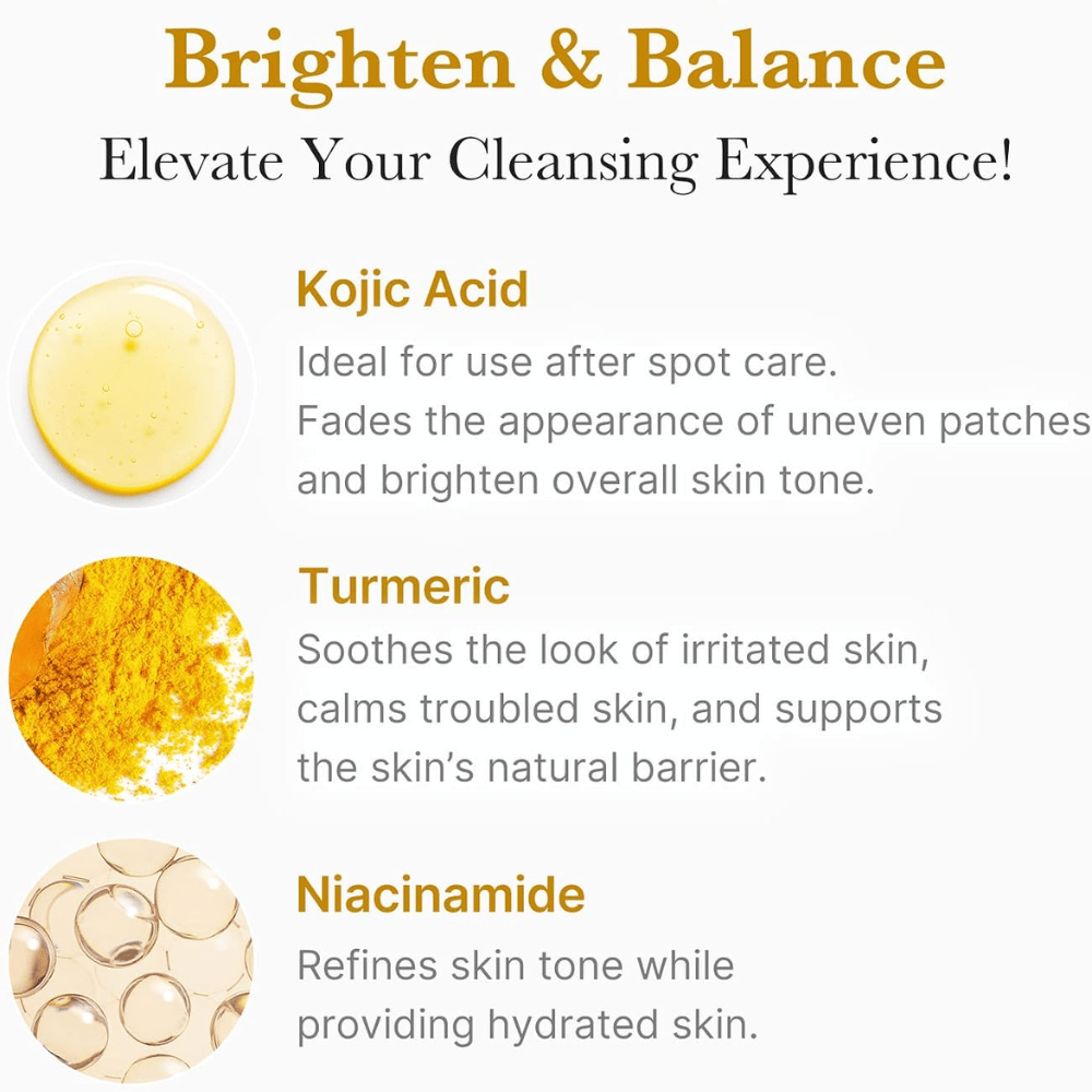 Medicube Kojic Acid Turmeric Toning Cleanser con ácido kójico, cúrcuma y niacinamida. Resumen de ingredientes para un tono de piel más uniforme.