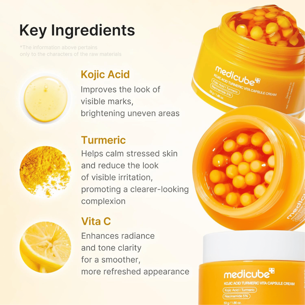 3. Medicube Kojic Acid Turmeric Vita Capsule Cream – crema facial con ácido kójico, cúrcuma y vitamina C para un tono de piel más uniforme