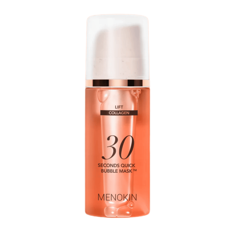 Imagen de producto recortada de MENOKIN LIFT 30 Seconds Quick Bubble Mask que muestra claramente el elegante diseño naranja y el envase con dispensador.