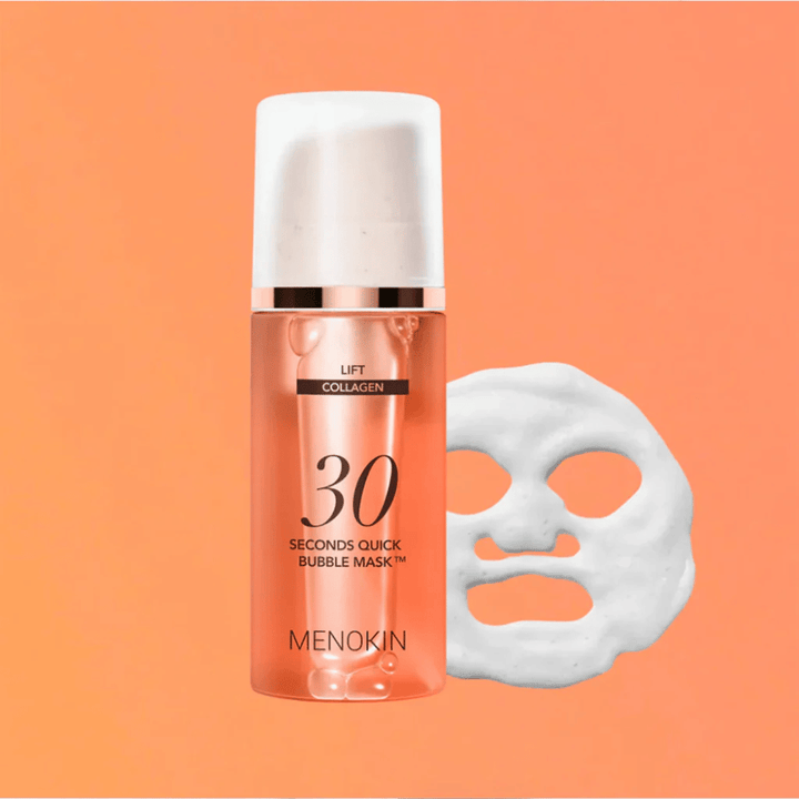 Imagen de producto de MENOKIN LIFT 30 Seconds Quick Bubble Mask con fondo naranja y forma de mascarilla de espuma que simboliza una mascarilla facial rápida y eficaz en solo 30 segundos.